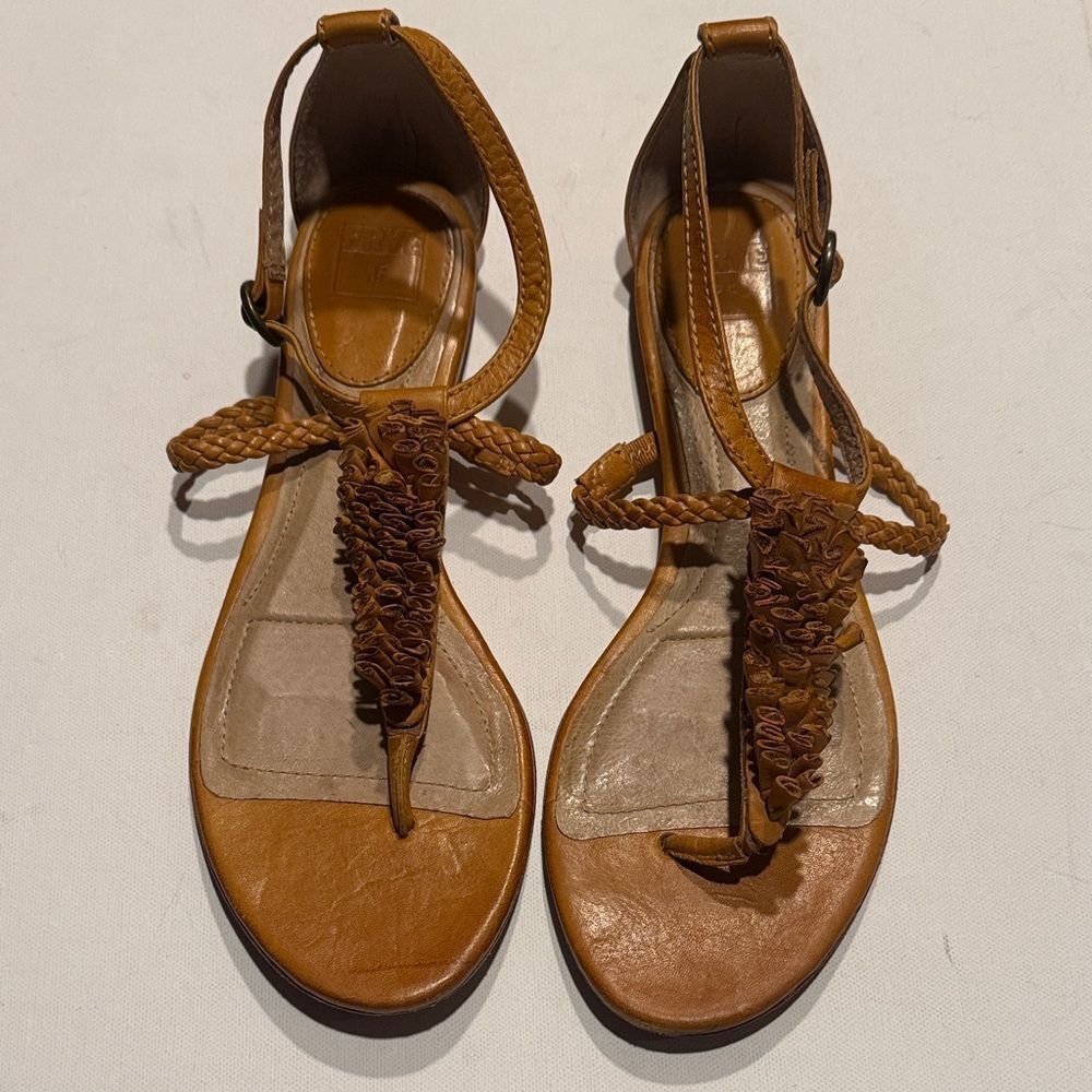 Frye Tan Braided T-Strap Leather Sandals